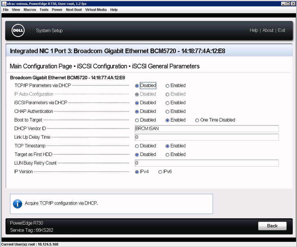 5. Select iscsi Configuration Menu and iscsi General Parameters. 6. To use a static IP address, disable TCP/IP Parameters via DHCP and iscsi Parameters via DHCP.