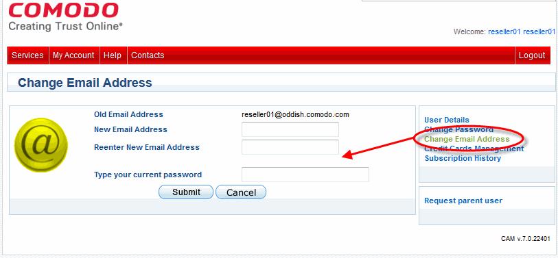 2. Enter the new contact email address in the 'New Email Address' text box and re-enter to confirm. 3. Type your current password to authenticate the request. 4.