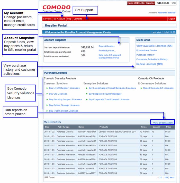 You can return to this main page at any time by clicking 'Services > Reseller Portal' The following links will take you through the main areas of the interface: Account snapshot Buy Comodo products