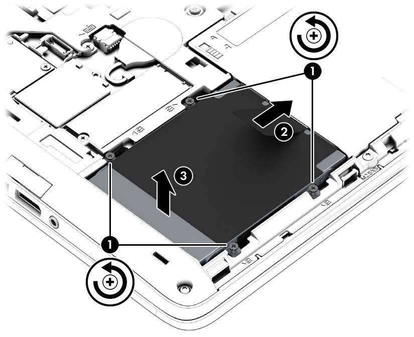 2. Loosen the 4 hard drive screws (1). Slide the hard drive (2) forward, and then remove it (3). 3.