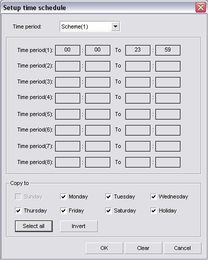(Fig. 3-4) The Time Period drop down box will allow you to apply any of the 16 different time schemes. To apply the time scheme to any day simply check the box next to the day.