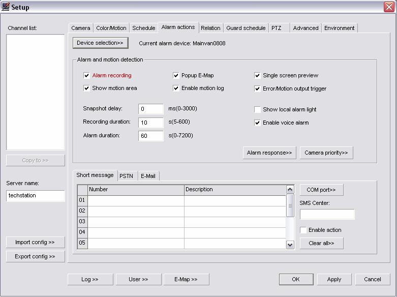Alarm Actions Tab (Fig. 3-7) Unisight DVR System The Device Selection button will bring up the Device Select dialog box. (Fig. 3-8) Select your supported alarm relay controller from the Type drop down box.
