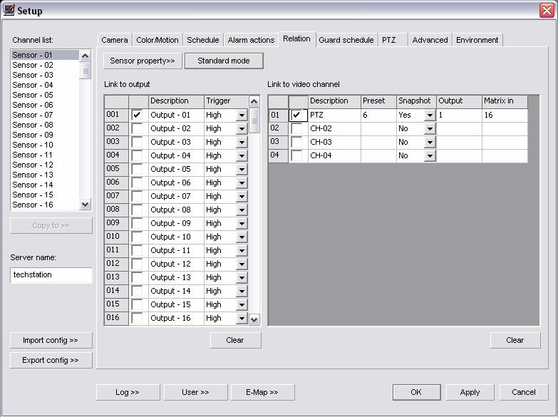 Relation Tab (Fig. 3-20) Unisight DVR System Here you can configure any supported alarm relay controller module that you have connected to the Unisight DVR Serer. (Fig. 3-20) To configure each sensor connected to the alarm relay controller, select a sensor from the Sensor List and click the Sensor Property button.