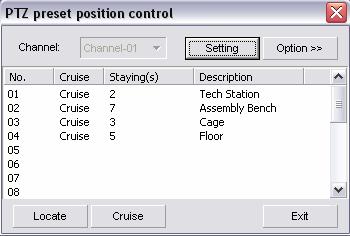 PTZ Preset Position (F4): This button will bring up the PTZ Preset Position Control dialog box. (Fig. 4-3) Begin by selecting the video channel that has a PTZ camera configured in the DVR main window.