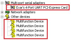 13. After driver installation is done successfully, you will find Exar s 4-Port UART PCI- Express Card and four instances of