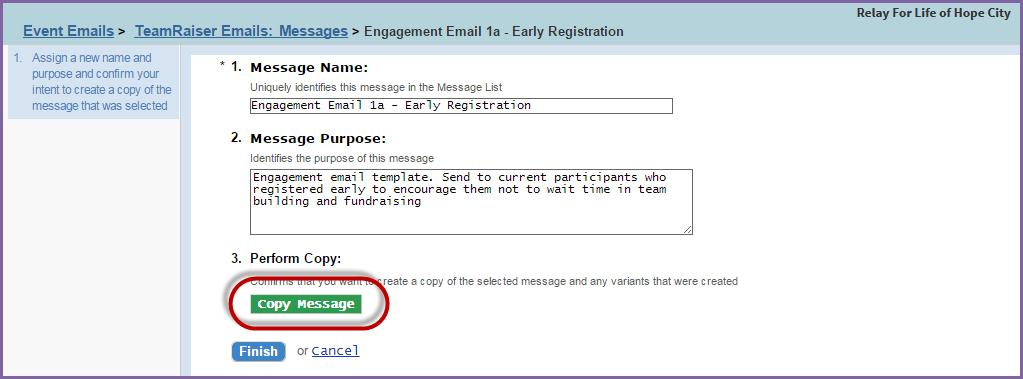 Find the email you wish to send in the list, and click Copy