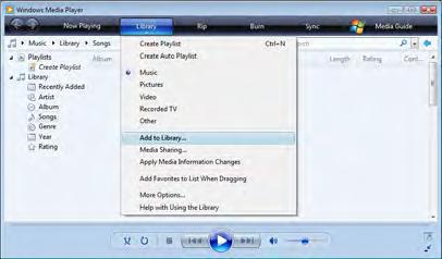 Seadistage kaustad ühiskasutuseks Valige Windows Media Playeri menüüst suvand Library (Teek) ja seejärel valige Add to Library (Lisa teeki).