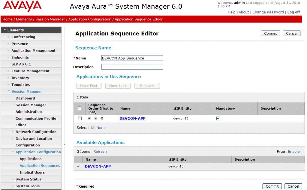 Next, define the Application Sequence for Communication Manager as shown below.