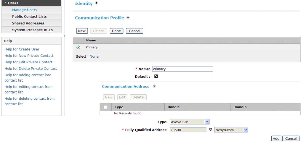 Scroll down to the Communication Profile section and select New to define a Communication Profile for the new SIP user.