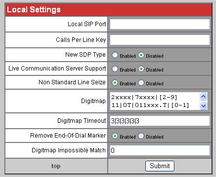 Next, scroll down to the Local Settings section and configure the Digitmap field to cover the dial strings supported by the dial plan.