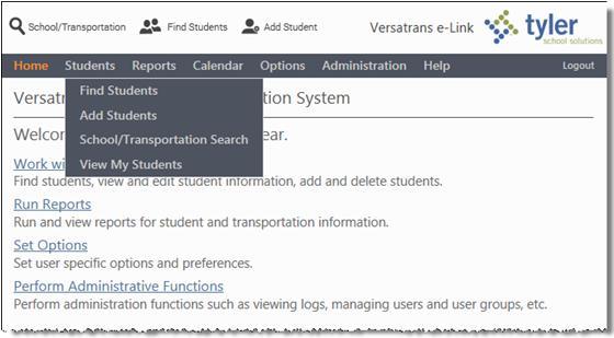 4 Navigating the e-link Pages What the users sees depends upon the User Group permissions granted by the system administrator. You move the cursor over a menu item (Students, Reports, etc.