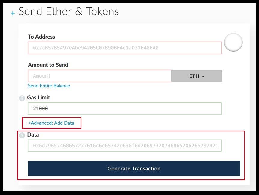 3: Fill Ethereum Transaction Data Field The data field must be specified in order to complete your purchase transaction.