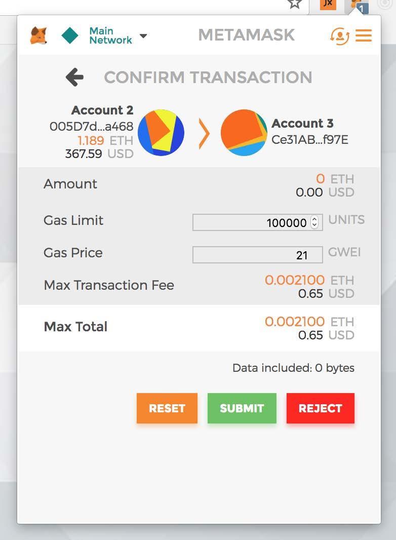 A new dialog box summarizing the transaction will open. Review the summary to make sure the data is correct. The gas amount should be at least 100,000 gas.