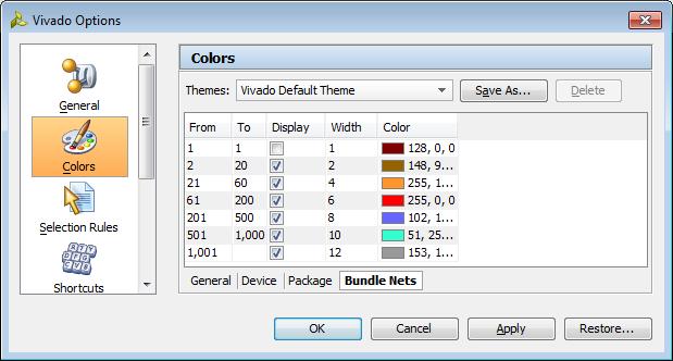 Specifying Colors Bundle Nets View The Bundle Nets view (Figure 4-6) controls the display for bundle nets, including color, width, and the number of nets joined into each bundle.