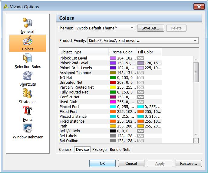 Specifying Colors Device View The Device view (Figure 4-4) controls the colors of the objects shown in the Device window, including the following: Pblocks, I/O Nets, slices, LUTs, and other device