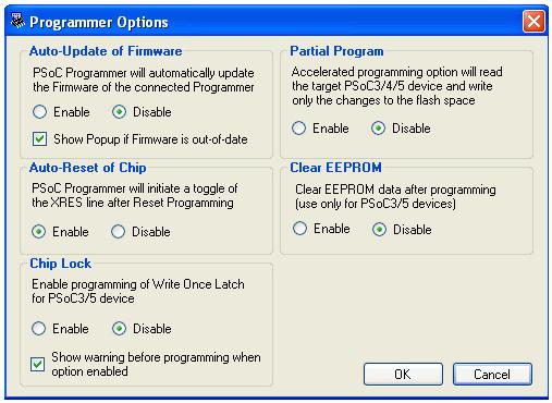 2.6 Selecting Programmer Options Select Options > Programmer Options to bring up the following dialog box for setting PSoC Programmer options. Here are the options you can choose: 2.6.1 Auto-Update of Firmware You can enable automatic firmware upgrades for programmer hardware.