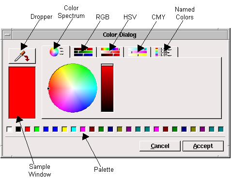 8.3 XY Plots Figure 8.3.16: Color Dialog Panel Selecting a Color from the Palette A palette is a set of commonly used colors displayed at the bottom of the Color Dialog panel.