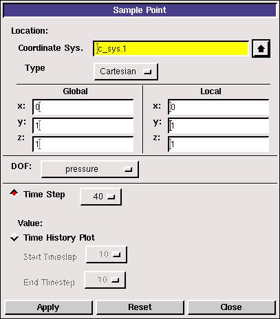 Postprocessing Figure 9.3.1: Sample Point Panel For displaying the result at a sample point, do the following: 1.