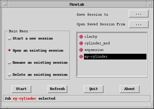 2.2 FlowLab Launcher 2.2.3 Opening an Existing Session To open an existing session based on an existing template, do the following: 1. Select the Open an existing session option. Figure 2.2.3: Launcher Open an Existing Session 2.