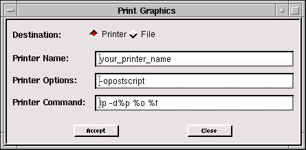 3.2 Menu Bar Figure 3.2.5: Print Graphics Panel Printer Option Printing Graphics to a File To print graphics to a file, select File under Destination. Figure 3.2.6: Print