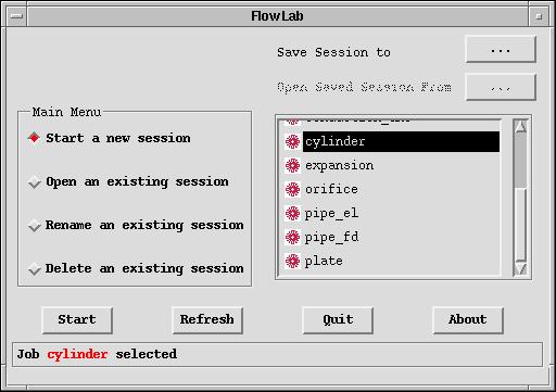 Sample Session 4.3 Starting the Session 1. Start a FlowLab session as described in Section 1.4, Starting FlowLab. 2. In the FlowLab launcher (Figure 4.3.1), select Start a new session. 3.