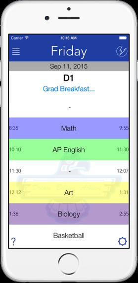 Main Screen (Day View) The main working screen in the app shows one day s schedule, with the classes for the day, the date, any extracurricular activities in the morning, at lunch, or in the