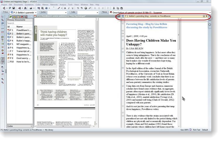 91 Multi-Document View When you click on the plus sign on the right hand side of the HU editor, you can open up three more regions for displaying documents.