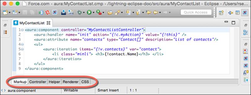 Develop with the Force.com IDE Notable Lightning Components Features in the Force.com IDE Multi-Page Editor Easily access and edit all the resources in your Lightning component bundle.