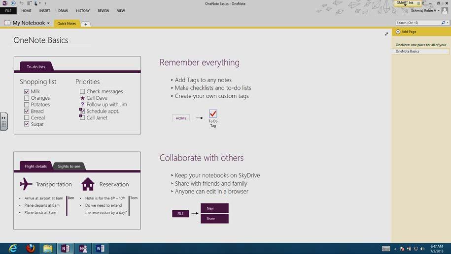 The OneNote Environment Manage Files Show Notebooks Display or Hide the Find your Add Pages Work area Display or hide the ribbon- by default the ribbon is collapsed, click any ribbon tab to display