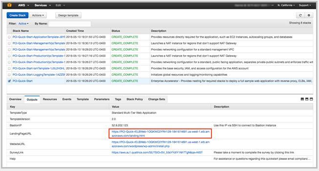 Figure 12: Status message for deployment Step 3. Test Your Deployment To test your deployment, choose the link for LandingPageURL, as shown in Figure 13.