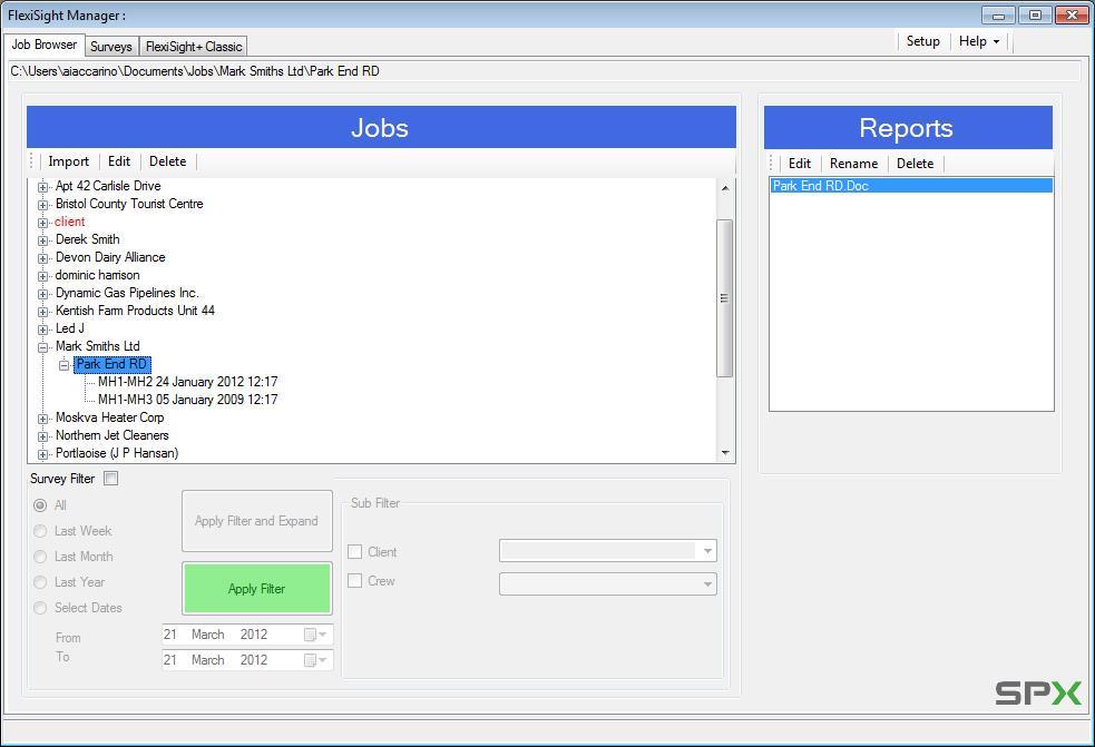 Selected job folder location Reports Commands Jobs commands Jobs pane Reports