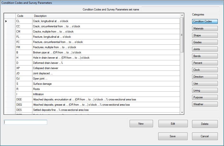 Figure 8.8 Condition Codes and Survey Parameters set editor The following categories are used by a compatible controller and FlexiSight Manager.