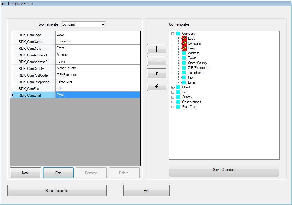 Available fields Template structure Figure 8.11 Job Template editor Select the job template to edit (Client, Site, Survey, etc.) in the selection box at the top of the editor window.