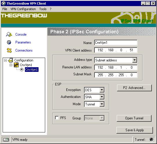 Now select the Phase 1 configuration from the Greenbow main screen and right click to add a Phase 2 configuration as shown in Figure 8. You may give the Phase 2 parameters their own descriptive Name.