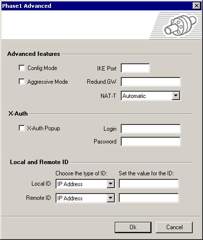 We must also configure the Phase 1 Local and Remote ID values used during IPSec negotiation. Press the P1 Advanced button to reveal the screen shown in Figure 7.