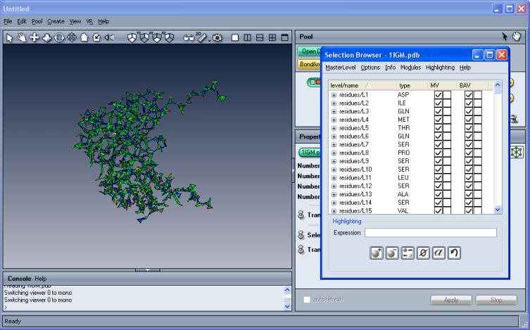 First Steps with Molecular Visualization in Amira Figure 7.1: On the left, MoleculeView and BondAngleView displaying the molecule simultaneously.