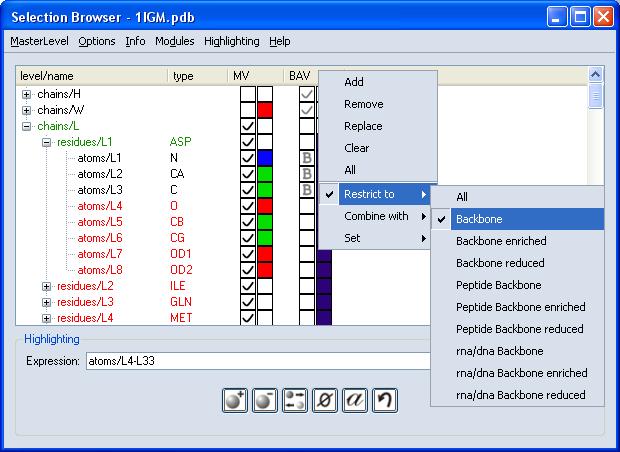Chapter 7: Molecular Option Introduction Figure 7.4: Molecular browser dialog. group is selected, i.e., all its elements. Green denotes that the group is partially selected. See Figure 7.4. To get familiar with the browser, play around with it.