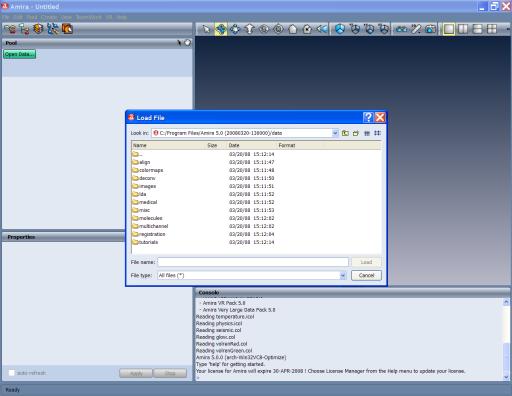 Chapter 2: First steps in Amira Figure 2.2: Data sets can be loaded into Amira using the file browser. In most cases, the file format can be determined automatically.