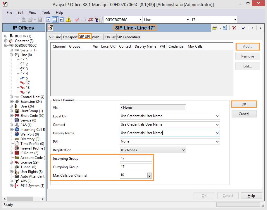 Under SIP URI, click Add button on the right side to add SIP Channels to GFI FaxMaker.