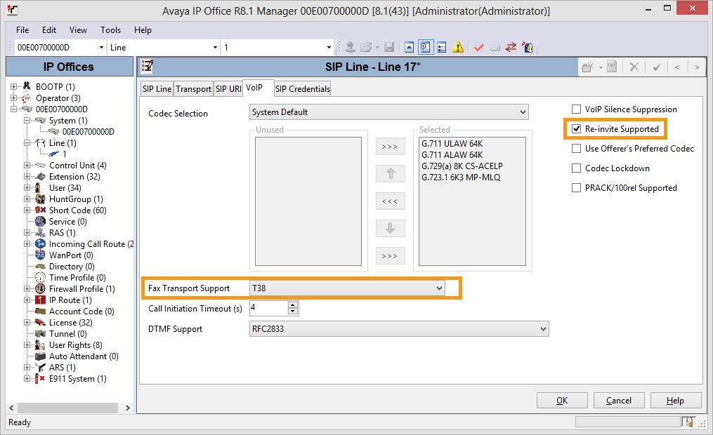 Under VoIP tab, for Fax Transport Support, select T38. Check box for Re-invite Supported.
