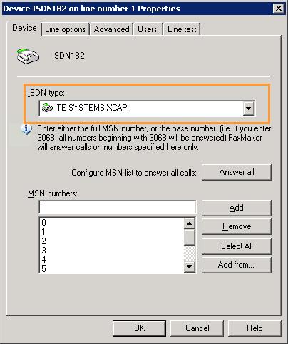 On the Device ISDN window, select TE-SYSTEMS XCAPI for ISDN type, click OK. To add more lines, repeat this step again.