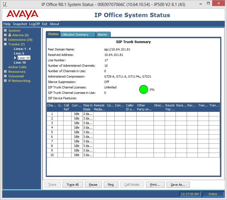 Navigate to Trunks SIP Trunk in the left pane. Select and verify the status of each trunk used in the configuration.