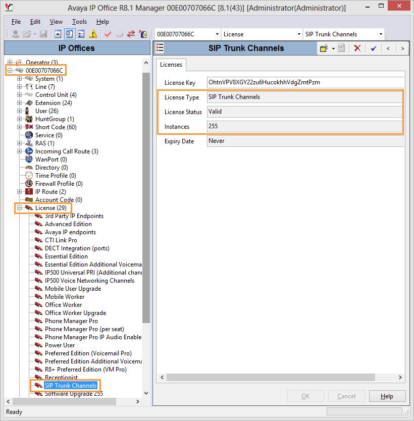 5.3. Verify IP Office Licenses From the left pane, expand License and highlight SIP Trunk Channels, as shown in the screen capture.