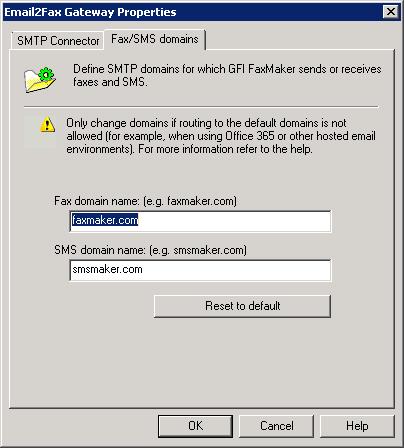 Step 2: Change domain names from GFI FaxMaker Configuration Screenshot 58: Customizing the fax and SMS domain names 1.