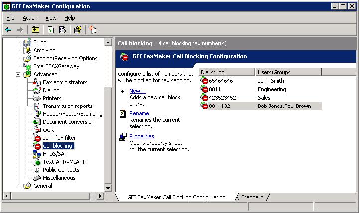 Screenshot 86: Call blocking rules 1. From GFI FaxMaker Configuration, navigate to Advanced > Call blocking node. 2. Click New. Screenshot 87: New call block entry 3.