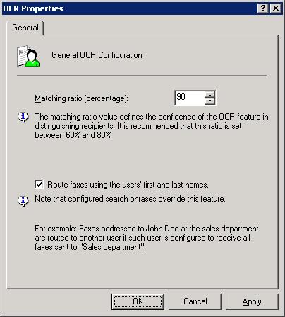 NOTE For more information, refer to OCR (page 112). OCR routing properties Configure OCR settings to use while processing faxes for routing. 1. From GFI FaxMaker Configuration, right-click Routing > OCR and select Properties.