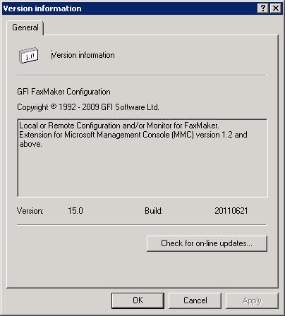 9.4 Version information To review information about your GFI FaxMaker installation, from GFI FaxMaker Configuration, right-click General > Version information and select Properties.