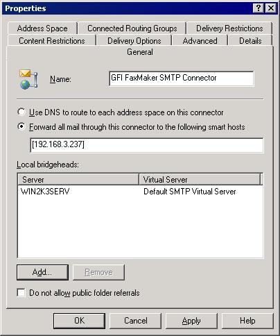 Screenshot 3: Specifying IP/Name of GFI FaxMaker machine 3.