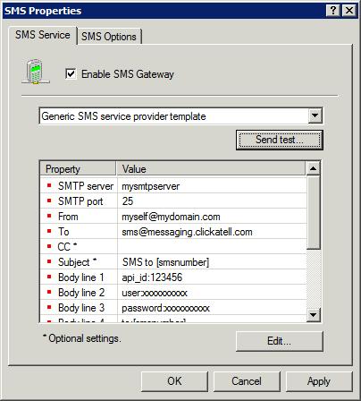 1. From GFI FaxMaker Configuration, right-click SMS and select Properties. 2. In General tab, select Enable SMS Gateway. Screenshot 121: Configuring an SMS service provider 3.