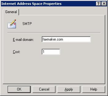 Screenshot 5: Specifying faxmaker.com 9. In Internet Address Space Properties dialog, key in faxmaker.com in E-mail domain text box. Click OK. NOTE The default fax (faxmaker.com) and SMS (smsmaker.
